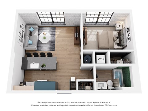 Floor plan for 1 bed, 1 bath, 670 sqft